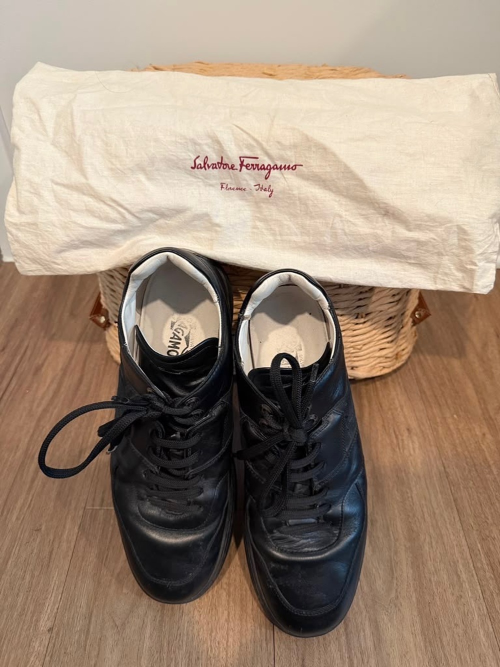 Salvatore Ferragamo Black Leather Men’s Lace-Up Sneakers